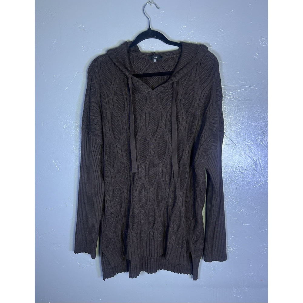 Fate chocolate brown cable-knit hooded sweater Relaxed Tunic 1XL Cozy Fall